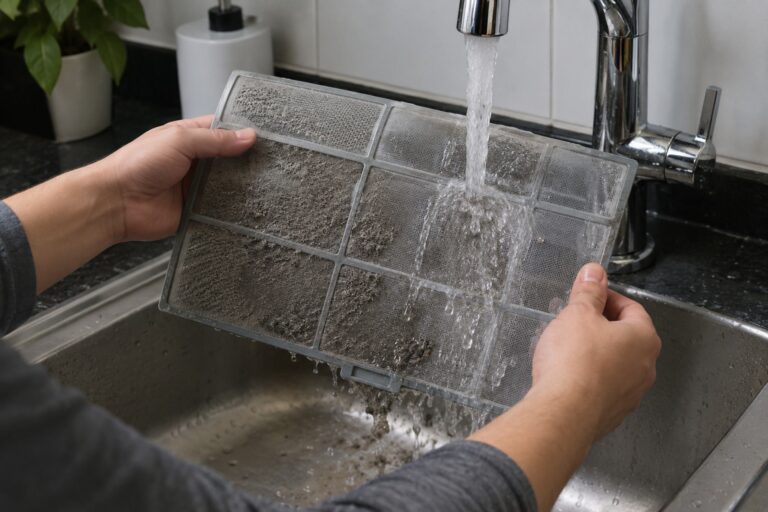 Mãos lavando o filtro do ar condicionado em água corrente