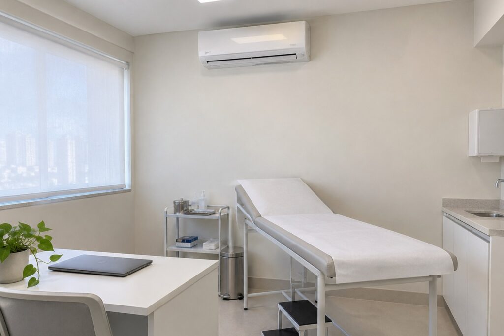 Ar condicionado split na parede de um consultório médico, acima da maca e da mesa